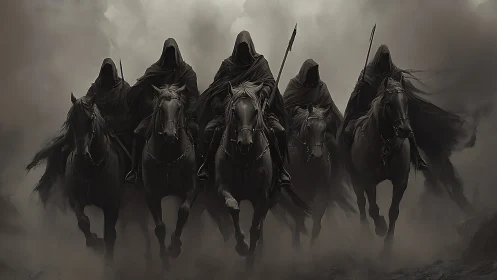 Hooded dark riders on horses emerge through dense mist