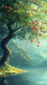 Sunlit riverside tree with drifting red blossoms at rest.