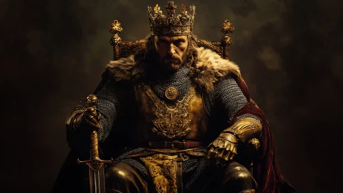 Medieval warrior king seated on gilded throne in armor.