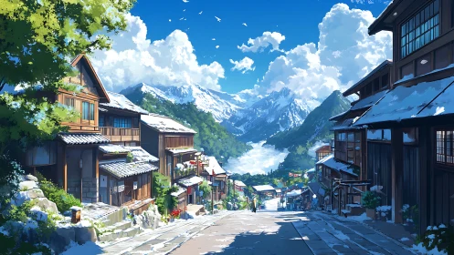 Snow-dusted mountain town street in high-clarity digital painting.