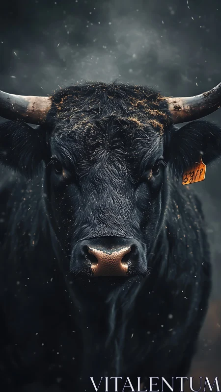 Front-facing black bull portrait under moody atmospheric lighting