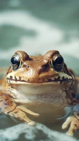 Close-up frog portrait with detailed eyes in shallow water.