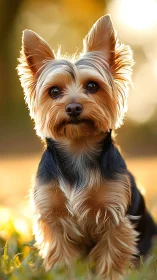 Sunlit Yorkie sentinel glowing in amber afternoon light.