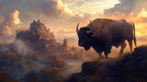 Colossal bison overlooks fortified citadel at atmospheric sunset