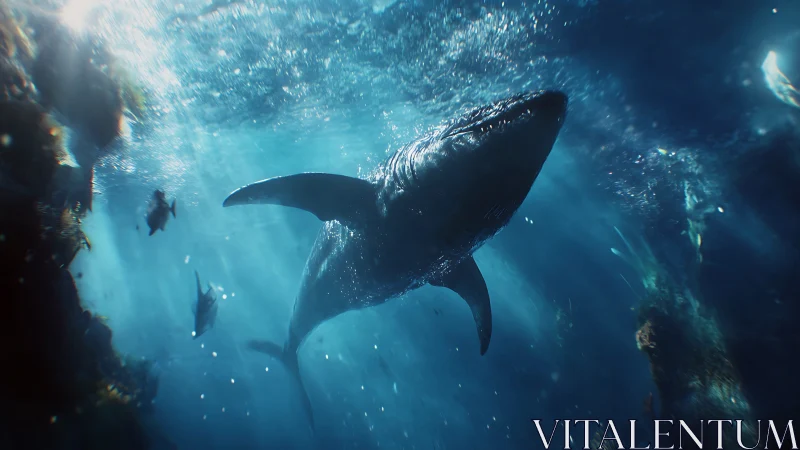 Sapphire leviathan gliding through cathedral light seas.