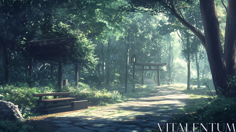 Sunlit Forest Path with Wooden Structures.