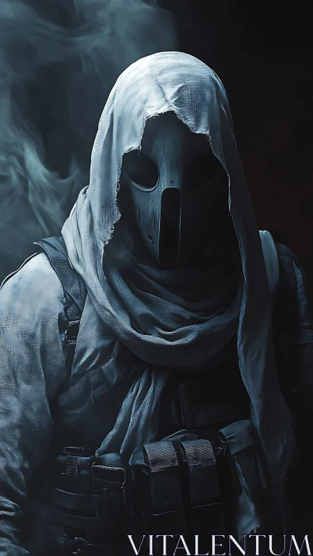 Masked ghost operative stands in smoke-filled darkness