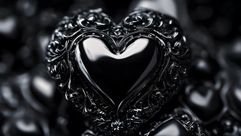 Ornate Black Heart Sculpture in Glossy Baroque Style Close-Up.