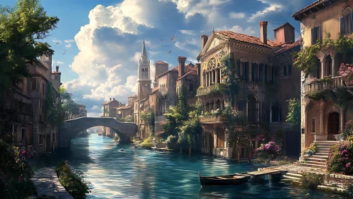 Sunlit canal serenade beneath storybook Venetian skies.