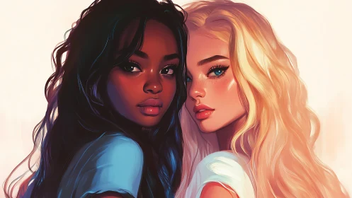 Digital portrait of two young women in soft rim lighting