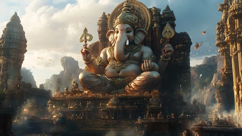 Majestic Ganesha statue watches over an ancient golden temple