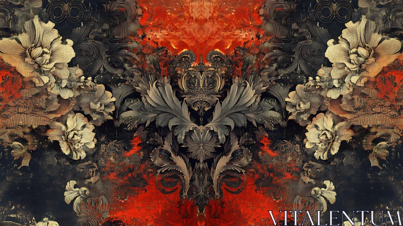 Baroque floral symmetry over erosive crimson-umber strata.