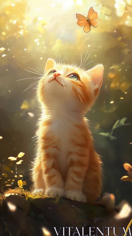 Curious orange kitten gazes up at a gentle golden butterfly