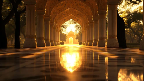 Golden sunlit arcade leading toward a tranquil domed temple.