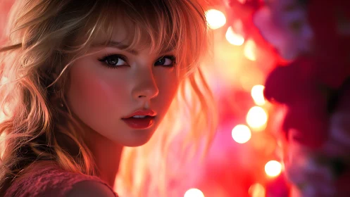 Blonde woman portrait in soft pink and orange bokeh light.