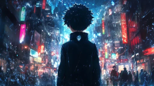 Neon soaked loner in a blizzard of electric city ghosts.