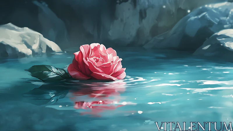 Solitary rose adrift on glacial-blue dreamwater pond.