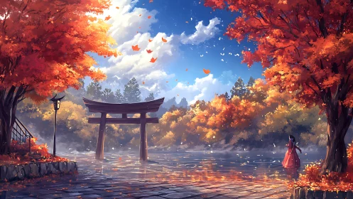 Torii gate by lakeside under dense autumn foliage.