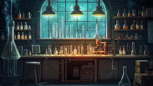 Vintage alchemy lab glows under cool cyan window light.