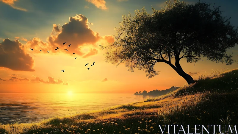 Golden sunset embraces a quiet shoreline beneath a lone tree