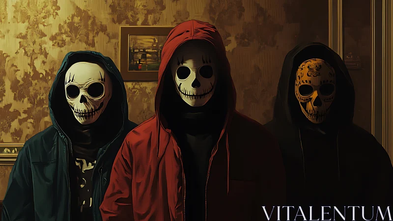 Three hooded skull masks stand in dim hallway shadows