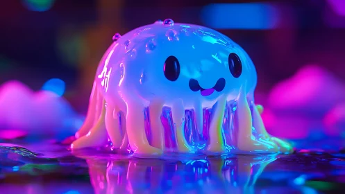 Smiling neon jelly creature glows under reflective puddle lights