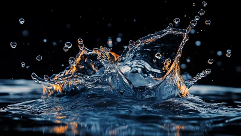 Glowing water splash rises in a crisp, crystal clear moment
