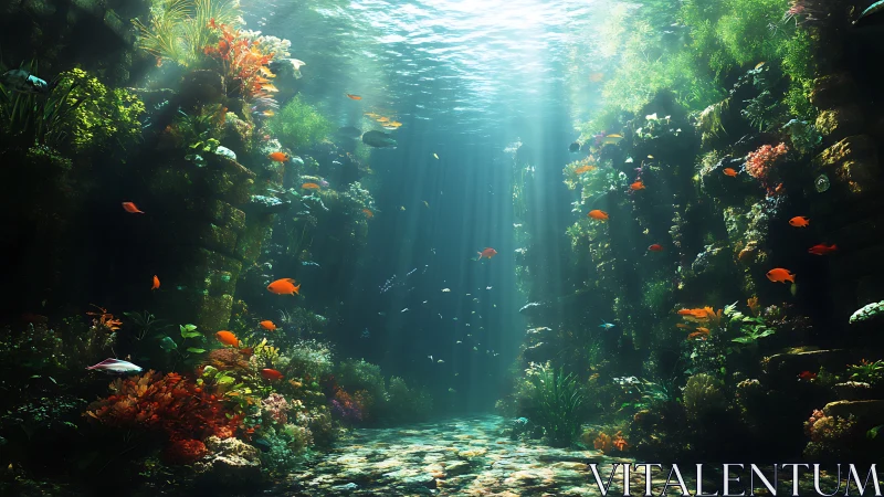 Sunken coral corridor where sunlight paints drifting jewels.