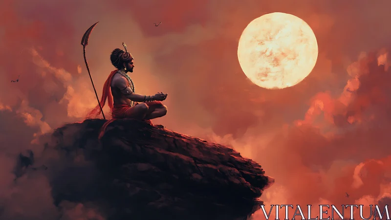 Meditating warrior silhouette on rocky cliff under oversized moon