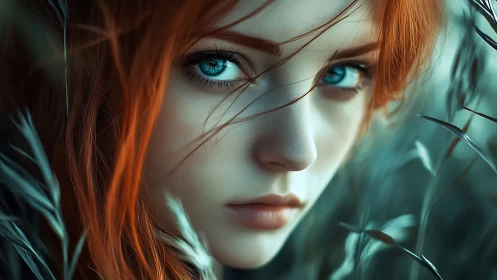 Fiery-haired girl with piercing blue eyes in soft focus field.