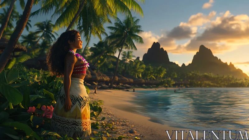 Woman in Hawaiian Attire Gazes at Stunning Island Paradise at Sunset