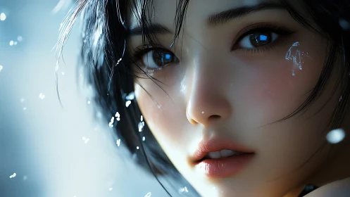 Iridescent portrait of wet-haired girl in icy light closeup.