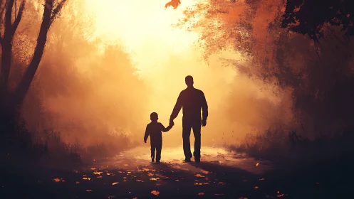 Silhouetted parent and child walking on sunlit forest path.