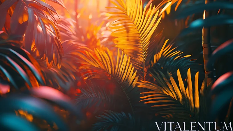 Chromatic palm frond canopy under volumetric sunset lighting.