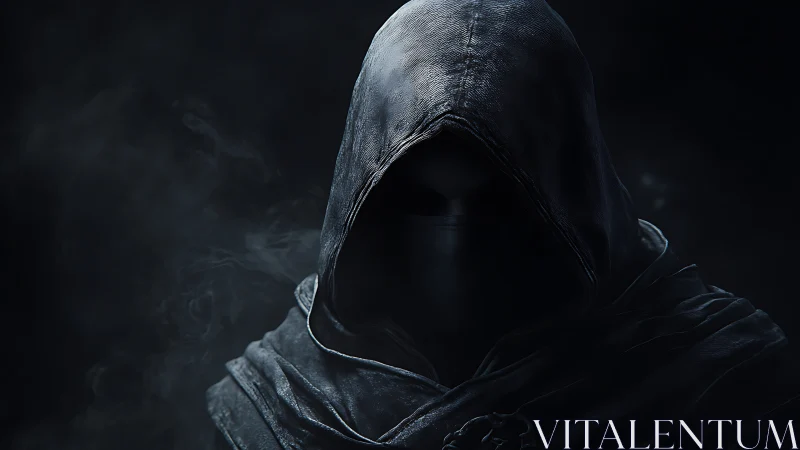 Hooded masked figure in dark atmospheric portrait.