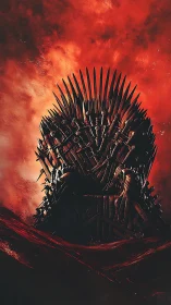 Digital painting of spiked iron throne against infernal sky.