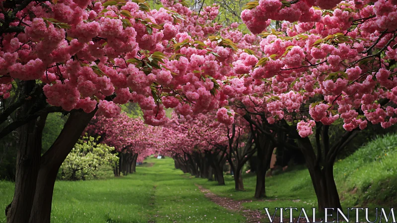 Cherry blossom tunnel frames lush spring walking path.
