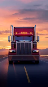 Red semi truck powers toward sunrise on empty highway.