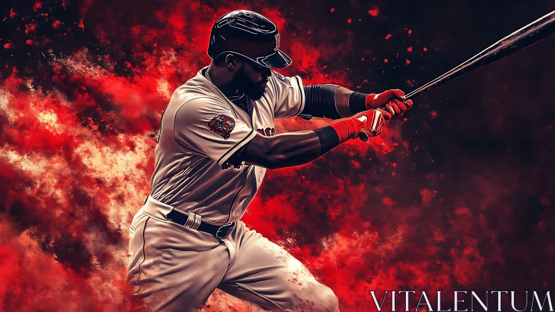 Baseball batter in swing motion amid red abstract background.