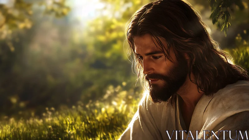 Contemplative robed man in serene golden meadow light.