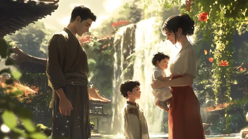 Sunlit waterfall garden embraces a tranquil family moment.
