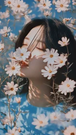 Woman rests amid daisies under clear blue daylight sky.