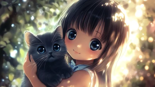 Sunlit cuddle moment with bright eyed girl and kitten.