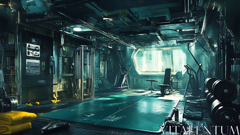 Cyberpunk starship gym with industrial lighting design.