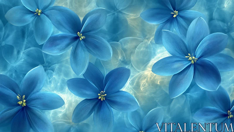Blue Flowers with Yellow Centers Against Luminous Background.