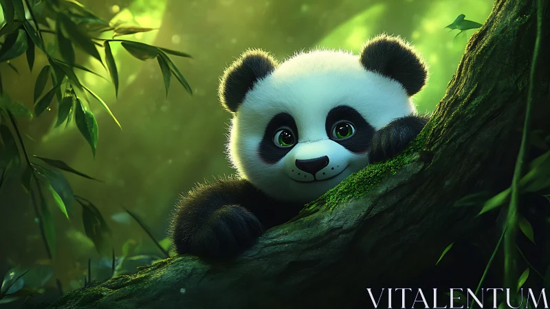 Baby panda rests on mossy branch in glowing bamboo grove.