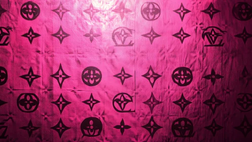 Pink metallic wall displays repeating black geometric emblems.