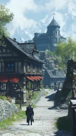 Medieval stone street with distant fortress and mountains.