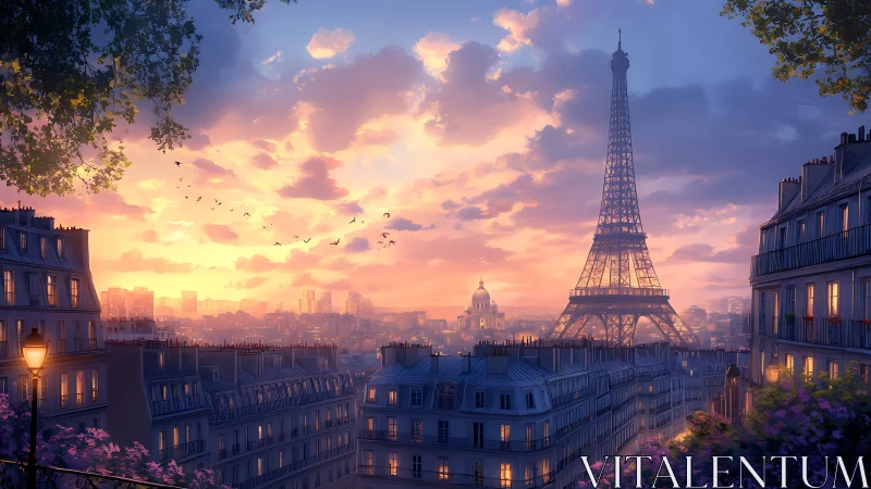 Eiffel Tower overlooks detailed Paris rooftops at sunset