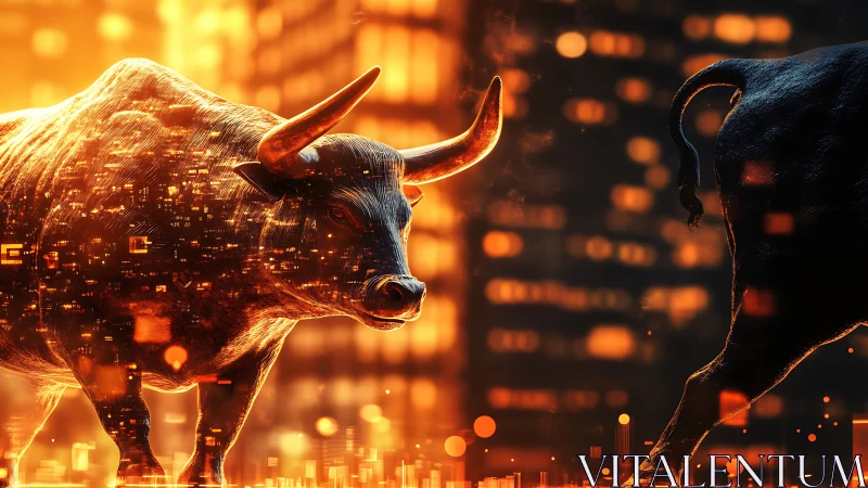Digital bull figures with abstract financial cityscape backdrop.